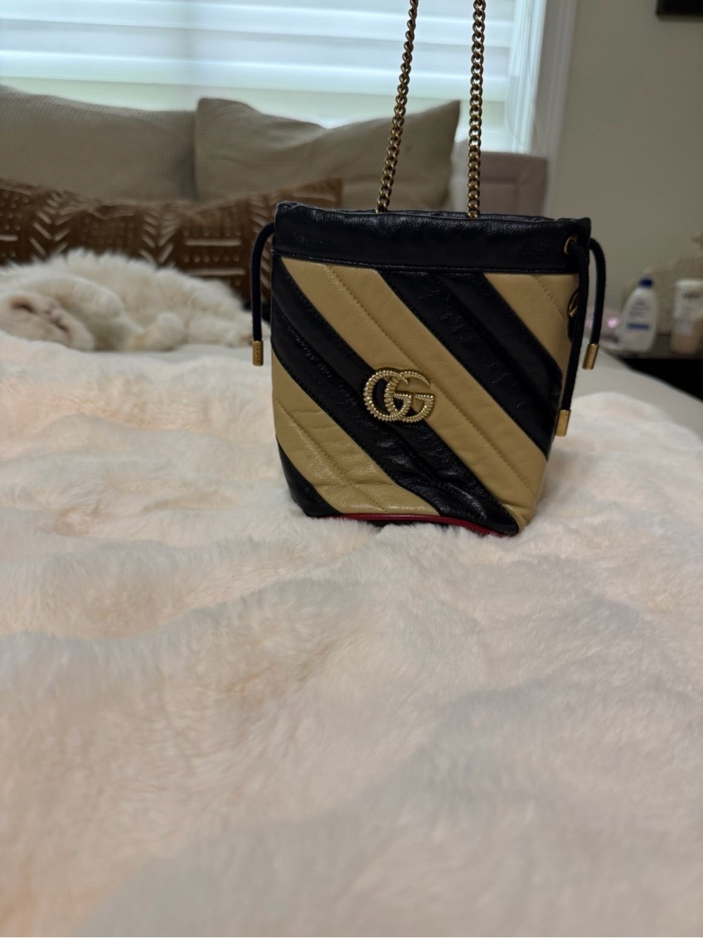 Gucci Black and Beige Chevron Mini Bucket Bag with Gold GG